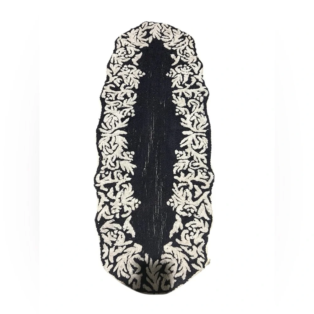 Anthropologie Navy Blue and White Floral Boho Runner Rug Bed Bath Hallway Decor
